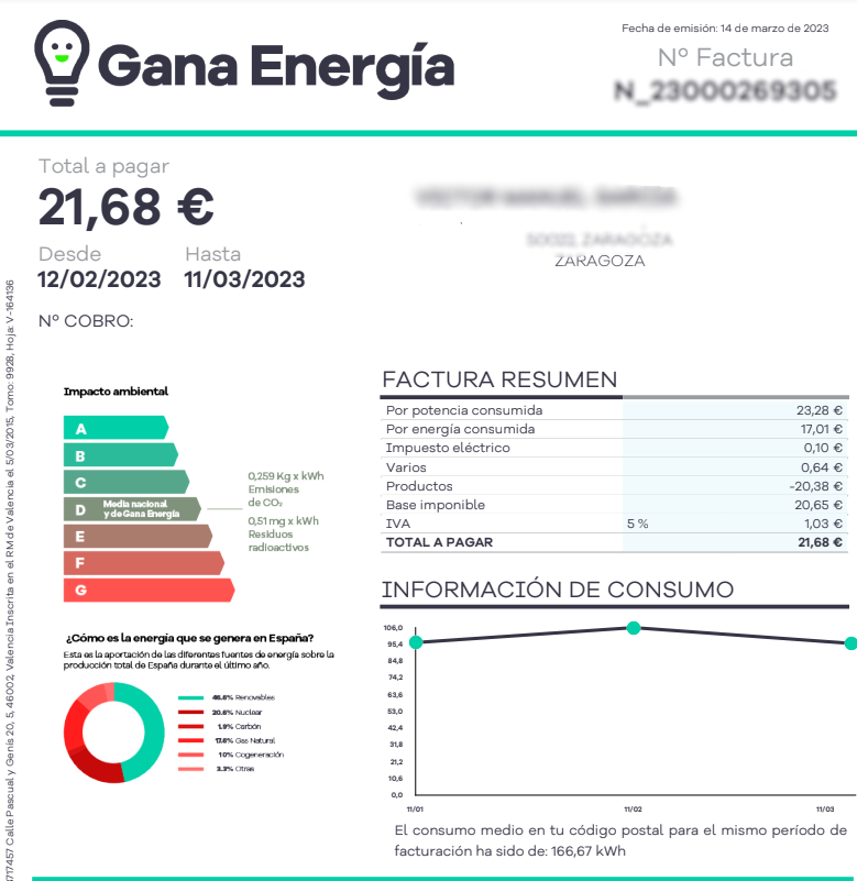 Anverso factura Gana Energía 2023