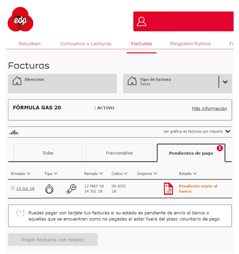 Factura pendiente de pago en el área de clientes EDP imagen del área d clientes de EDP con una factura pendiente de pago