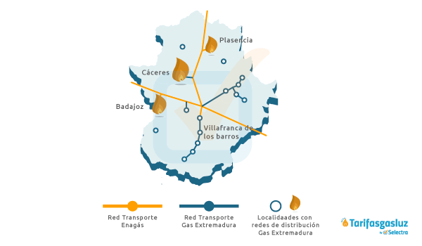 Mapa de distribución de Gas Extremadura Zonas de distribución de Gas Extremadura
