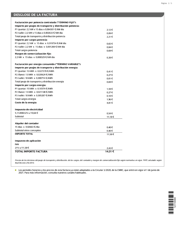 Detalle de consumo en la factura de Curenergía