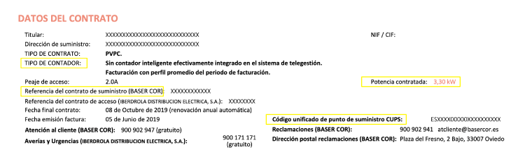 Detalle contrato factura luz Baser COR
