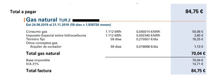Detalle de la factura de gas de Gas & Power