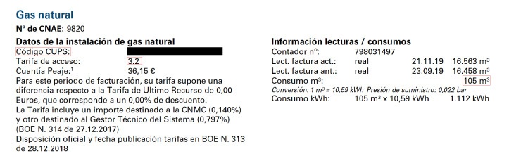 Datos de la factura de gas de Gas & Power