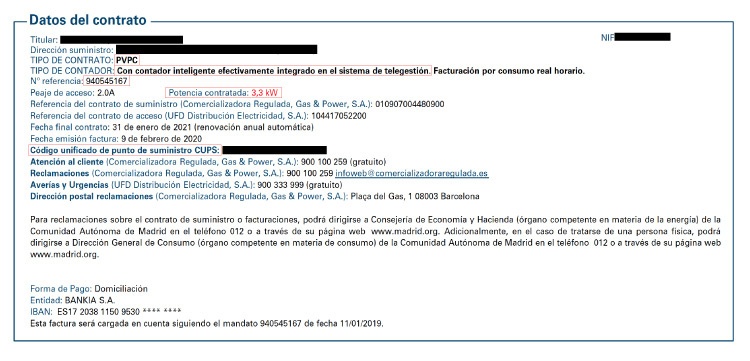 Datos de la factura de luz de Gas & Power